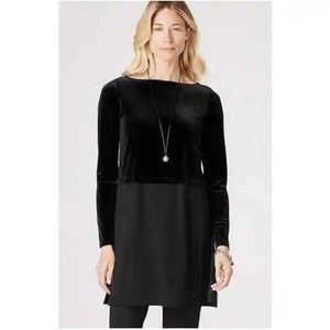 J. Jill Black Velvet Tunic Blouse Mixed Media Split Hem Women’s Medium Petite